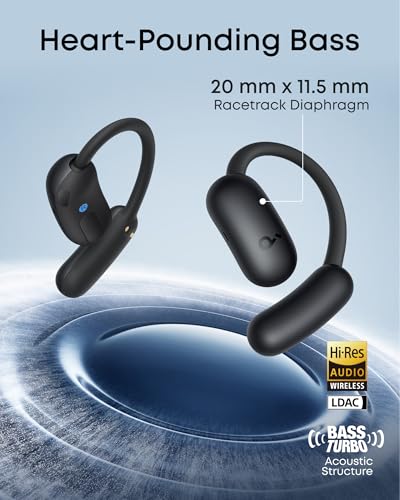 Soundcore AeroFit 2 by Anker Open Ear Earbuds, Open Ear Headphones, Earbuds | Real-Time Translation, 4 Adjustable Positions, 42H Playtime, Rich Bass, Hi-Res, IP55, AI Clear Calls, Wireless Charging - color: Black, style: Standard