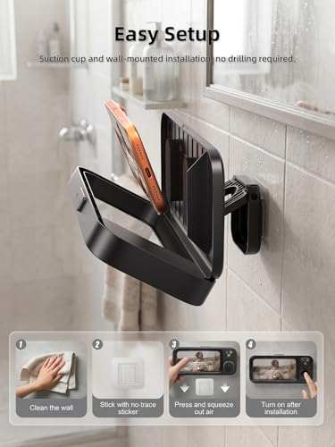 Shower Phone Holder IPX6 Waterproof with Wireless Bluetooth Speaker, 480 Rotation Phone Case Speakers for 4"- 7" Cell Phones, Hands-Free Shower Speaker, Wall Mounted Phoneholder for Mirror (Black) - color: Black