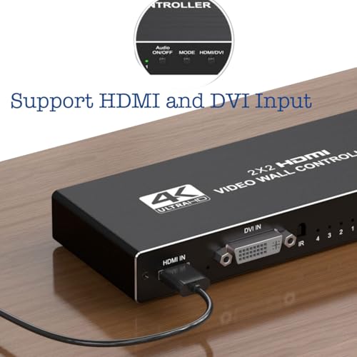 2x2 4k Video Wall Controller, Transform 4 TV Screens into a Single Wall Display with HDMI & DVI 4K Input, 180° Rotation, Audio Output, IR Remote/RS232/Button Press Control