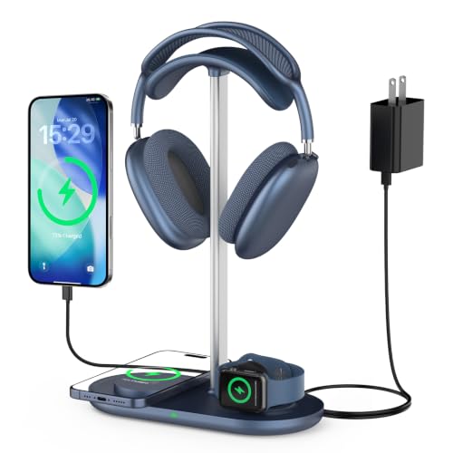 3 in 1 Headphone Stand, Airpod Max Charger Stand with 15W Wireless Charger | Headset Holder for AirPods Max 2/Pro/iWatch/Vision Pro, Charging for iPhone 17/16/15/14/13/12/11/X, Aluminum Alloy Rod, Blue