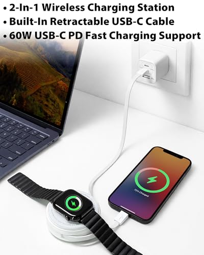 2-in-1 Wireless Charger with Retractable USB-C Cable – 60W PD | Fast Retractable Charging Cable & Phone Charger for iPhone Apple Watch Earbuds, Portable Travel Charging Station for Car
