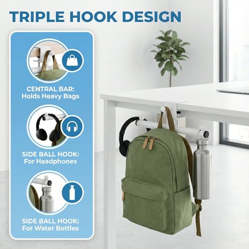 3-Hook Desk Bag Hanger, Purse Hook for Desk, Backpack Hanger Office Use | Fits 0.39-1.57 in. desk or shelf thicknesses; tool-free clamp and non-slip pads hold headphones plus a backpack or lunch bag. - color: White