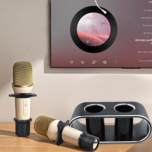 Desktop Microphone Holder for Organize and Display 2 Wireless Mics | Aluminum Alloy, inlcuded 2 Rubber Anti-roll Rings and Anti-scratch Sleeves, for Home Singing, Party, Karaoke, Theater, Salon