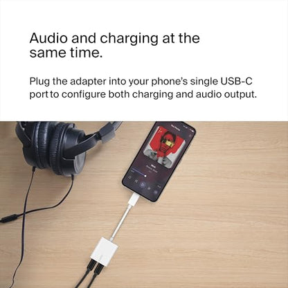 Belkin Rockstar USB-C Audio + Charge Adapter, 60W PD, White | Headphone jack plus USB-C charging pass-through, compatible with iPhone, iPad Pro, Galaxy, Pixel, OnePlus - color: White, size: USB-C, style: USB-C Audio + USB-C Charge