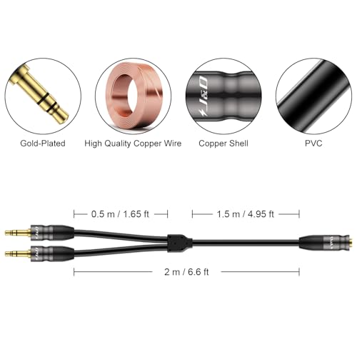 J&D 3.5 mm to 2X 3.5 mm Cable, Gold Plated Joint Copper Shell Heavy Duty 3.5mm 1/8 inch TRS Female to Dual 3.5 mm 1/8 inch TRS Male Y-Splitter Stereo Audio Adapter Cable, 6.6 Feet - size: 6.6 Feet