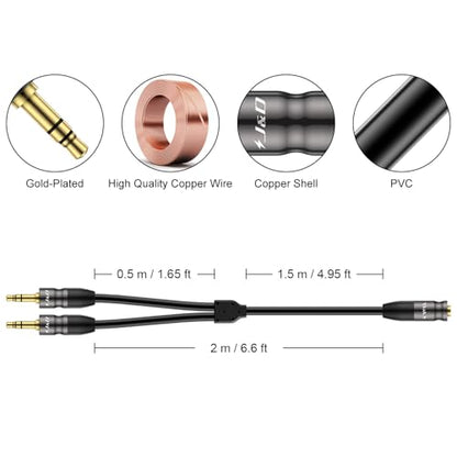J&D 3.5 mm to 2X 3.5 mm Cable, Gold Plated Joint Copper Shell Heavy Duty 3.5mm 1/8 inch TRS Female to Dual 3.5 mm 1/8 inch TRS Male Y-Splitter Stereo Audio Adapter Cable, 6.6 Feet - size: 6.6 Feet