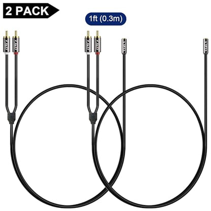 J&D RCA to Aux Adapeter RCA to 3.5mm Female Cable, RCA Cable Gold Plated Copper Shell Heavy Duty 3.5mm Female to 2 RCA Male Stereo Audio Adapter Cable (1 Feet, 2 Pack)