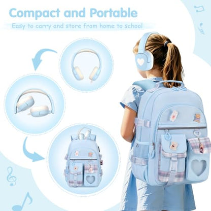 ACESAK Backpack for Girls with Headphones - Girls Backpack with Lunch Box, Pencil Case & Kids Headset - 3.5mm Wired Headphones for School Bookbag Schoolbag Set Back To School Gift (Blue) - color: Blue