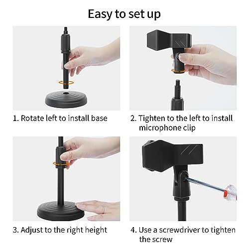Souyouyu Desk Mic Stand Adjustable Height 9.6-13.9" Table Mic Stand w/Clip | Desk mic stand 9.6-13.9in adj height. Max 1.7in dia clip. Anti-vib foam pad. Metal base. Pod/gaming/stream
