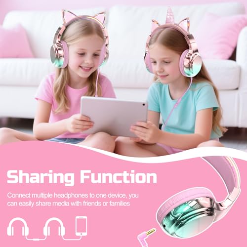 QearFun Kids Cat Ear Headphones with Cord with Mic, 85/94dB Volume Limit - color: Cat Pink