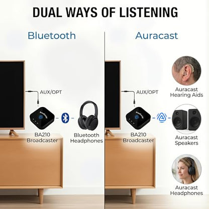 BA210 v2 Auracast Bluetooth Transmitter, LC3, AptX Lossless, AptX HD, Optical & 3.5mm Inputs, Compatible with Galaxy Buds 2 Pro, Buds 3, JY300 JM320, Hearing Aids and Bluetooth Headphones