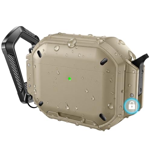 for AirPods Pro 3 Case, IP68 Waterproof Military Grade Protective Cover for AirPods Pro 3rd Gen, Anti-Scratch Hard Shell Cover with Secure Lock, Keychain & Phone Stand (2025), Khaki - color: Khaki