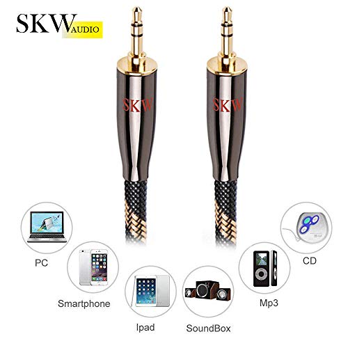 SKW Audiophile Heavy Gauge 3.5mm Stereo Aux Thick Cable 9.8ft/3m | Dual-shielded, 24K gold-plated TRS plugs, 6.8mm OD nylon-braided jacket, rigid strain relief, home stereo & DAC link - size: 9.8 ft