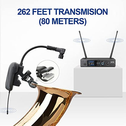 SGPRO Saxophone Wireless Microphone Professional Gooseneck Clip-on Mic with Preset EQ & ECHOs, 262 Ft Transmission and Rechargeable Transmitter, for Soprano, Tenor, Alto, and Baritone Saxophone | Clip-on mic, EQ and echo, 262 ft range, Rechargeable, 4.5 h