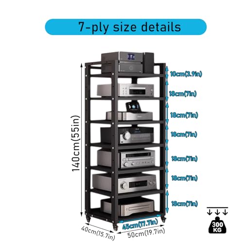 7 Tier Audio Rack Tower, CD Record Player Stereo Receiver AV Equipment Cabinet Display Rack, Weight Capacity 661 lbs, with Adjustable Wooden Shelves for Home (7 Tier Black) - size: 7 Tier Black