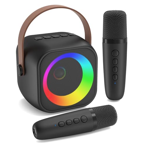 Mini Karaoke Machine, Portable Bluetooth Karaoke Speaker with 2 Wireless Microphones, Singing Machine with Party Lights for Kids and Adults, Birthday Gifts for Girls Boys Family Home Party - color: Black 2 Mics