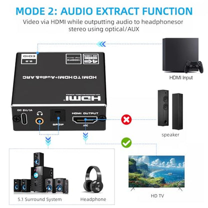HDMI ARC Audio Extractor, 4K@60Hz HDMI ARC Adapter to Optical/SPDIF/3.5mm AUX Audio Adapter Converter Splitter Support LPCM 5.1/DTS/DSD for Laptop/TV Box/DVD/PS5/Soundbar/Speaker/Amplifier