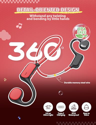 iClever OWS01 Kids Bluetooth Headphones, Air Conduction Open Ear Headphones | SafeSound Tech, Clear Audio Bluetooth 5.4, 360° Bending Ultra-Light Kids Wireless Headphones for Travel/School/Sports/Outdoor - color: Red & Black