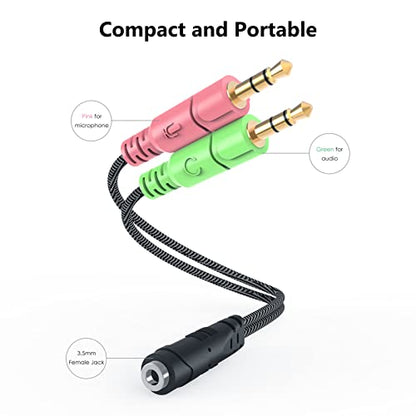 Headphone Splitter for Computer 2 Pack Headset Splitter Cable for PC | Braided CTIA 3.5mm TRRS Female to Dual TRS Male Mic Audio Jack Y Headset Splitter Adapter Laptop to Gaming Headset - 8 inch - size: 2 Pack / 0.6 Feet