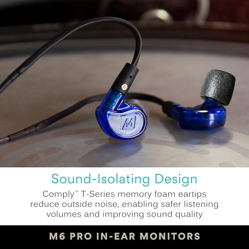MEE audio M6 PRO Musicians' in-Ear Monitors Wired + Wireless Combo Pack: Includes IEMs, 2 Audio Cables and BT3 Hi-Res Bluetooth Audio Adapter w/aptX, LDAC, Auracast Support, & Built-in Headset (Blue) - color: Blue, style: IEMs + Bluetooth Adapter