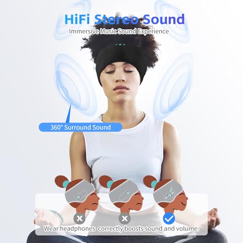 Sleep Headphones Bluetooth 6.0 Headband for Side Sleeper (Black) | 200mah cell for 20hr playback, 3mm ultra-thin speaker & mic, HD stereo, removable & washable, 2-in-1 sport & sleep headband - color: Black