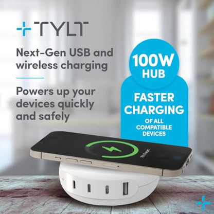 TYLT Hub 100W Multi-Port Power Charging Station, Compact Wireless Fast Charger with 3 USB-C Ports and 1 USB-A Port for MacBook, iPhone, iPad, and Qi Compatible Devices, White