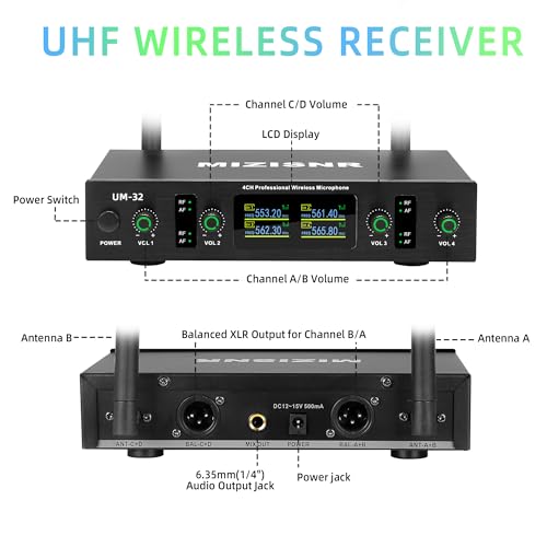 Lapel Wireless Microphone System with Headset & Lavalier Mics, 4 Channel UHF Metal Receiver with 2 Handheld Microphones & 2 Bodypacks, 300ft Range for Singing, Church, Karaoke, Wedding