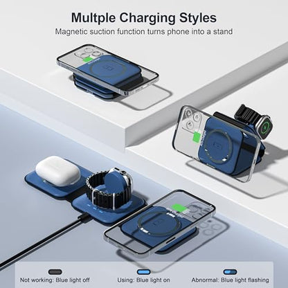 3 in 1 Charging Station for Multple Devices,Foldable 3 in 1 Wireless Charger for Travel,Nano Wireless Charging Station for iPhone16 15 14 13 12 Pro Max/Watch 10 9 8 7 6 5 4 3 Ultra/AirPod Pro - color: Blue