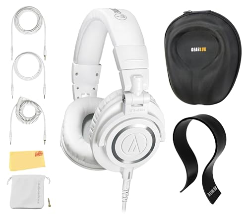 Audio-Technica ATH-M50x Professional Monitor Headphones - White Bundle with Case, Stand, and Austin Bazaar Polishing Cloth - color: White, style: M50X