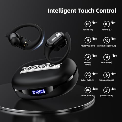 Transformers Earbuds T26 Pro, Bluetooth 5.4 Wireless Gaming Earbuds with Mic, Over Ear Earbuds with Earhooks, 65H Playtime, Deep Bass, IPX5 Waterproof (Scourge Black) - color: Scourge - Black