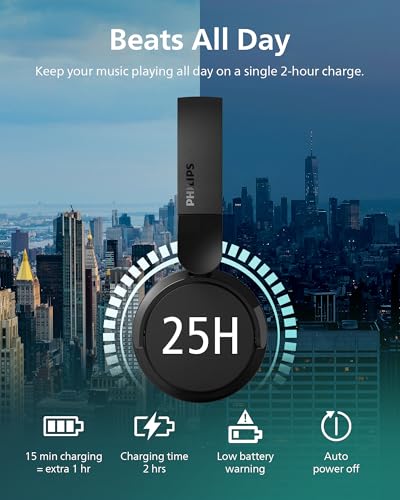 PHILIPS H3209 Wireless Headphones,On-Ear Bluetooth Headphones, Dynamic Bass, Sound Signature,Clear Call,25H Battery Life,Fast Charging,Soft Ear Cups,Bluetooth 5.3,Compact Design,Light,Dark Black - color: Dark Black