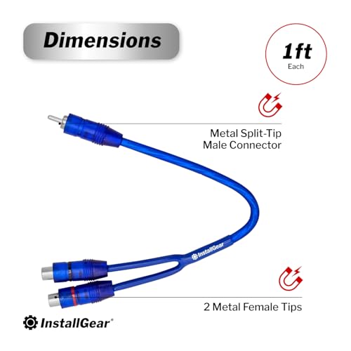 InstallGear 2 Pack RCA Y Adapter Splitter - 1ft RCA Y Splitter 1 Male 2 Female with Shielding - Connector for Car Audio, Home Theater - Durable Cable Splitters with OFC Conductor - Blue - size: 1M-2F (1 ft, 2-Pack)