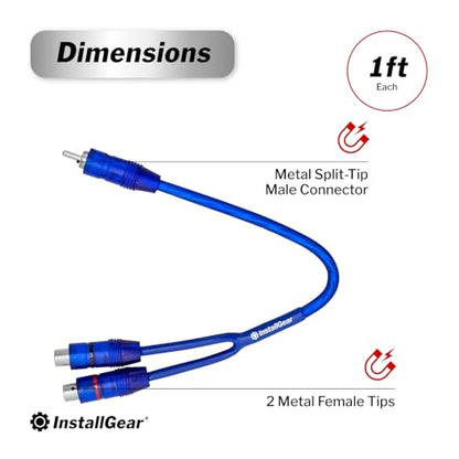 InstallGear 2 Pack RCA Y Adapter Splitter - 1ft RCA Y Splitter 1 Male 2 Female with Shielding - Connector for Car Audio, Home Theater - Durable Cable Splitters with OFC Conductor - Blue - size: 1M-2F (1 ft, 2-Pack)