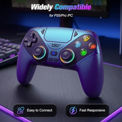 Gamrombo RGB Wireless Controller for PS5/PC – Bluetooth Gamepad with Turbo, Macro, Dual Vibration, 6-Axis Motion, 3.5mm Audio Jack & 1000mAh Battery - color: Metal Blue