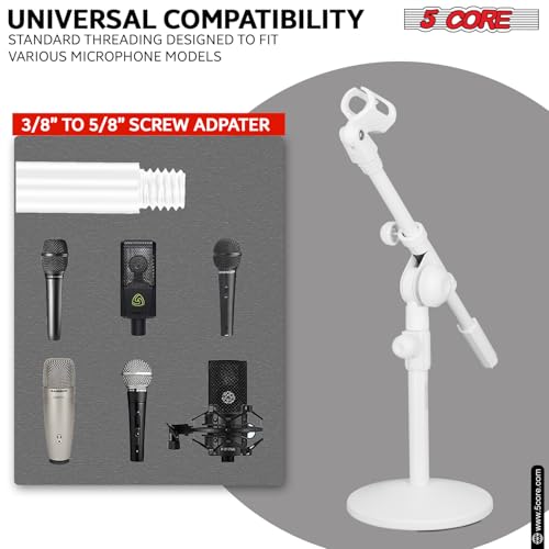 5 Core Desk Microphone Stand Adjustable Round Base with Boom Arm, 3/8'' and 5/8/'' Threaded Mount and Mic Holder for Kick Drums Guitar Amps White - MSSB W
