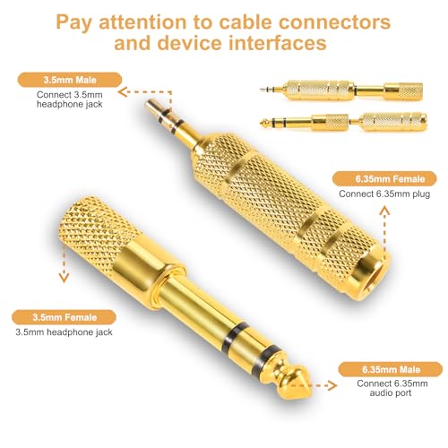 QAJOPFN 4 Pack Headphone Jack Adapter - 3.5mm (1/8 inch) Male to 6.35mm (1/4 inch) Female and 6.35mm (1/4) to 3.5mm (1/8) Audio Adapter for Player, Headphone, Guitar Amplifier