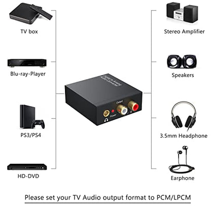 Digital to Analog Audio Converter 192KHz, DAC Digital SPDIF Coaxial Optical Convert to L/R RCA, Toslink Optical to 3.5mm Jack Audio Adapter for PS4 HD DVD Home Cinema Systems