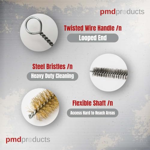 10-Piece Tube Cleaning Brush Kit | Brass Wire Bore Brushes & Stainless Steel Brushes 12" Long (1/4" to 3/4") for Tubes, Cylinders, and Narrow Spaces