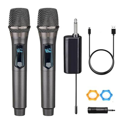 Wireless Dual Microphone,Handheld Dynamic mic,Karaoke Singing, Weddings DJ,Party, Church, Classroom use, 200 feet, Gray.(2 Versions Randomly Shipped)