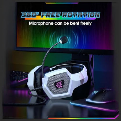 Gaming Headset with Microphone, Gaming Headphones Compatible for PS4 PS5 Xbox PC with RGB Lights, PlayStation Headset with Noise Reduction 7.1 Surround Sound Over-Ear and Wired 3.5mm Jack - color: White