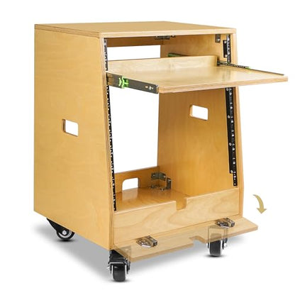 Sound Town DIY Slanted 10U Studio Rack (2U Top + 8U Lower), with 2U Bottom Storage, Slide-Out Tray, Caster, Plywood, Golden Oak For Recording Room, Home Studio (SDRK-ST10T) - size: 10U(2U Top + 8U Lower),Golden Oak