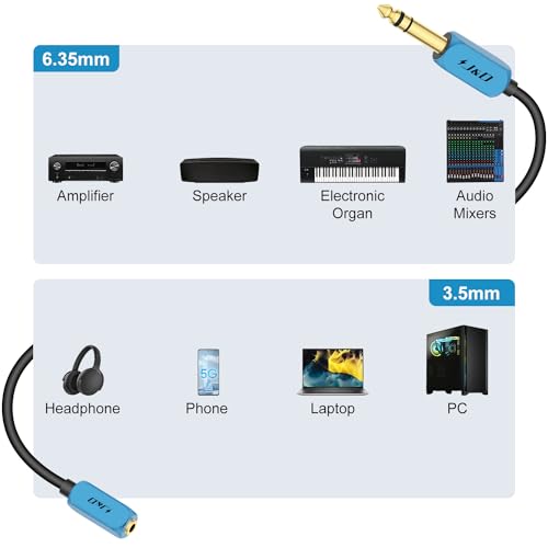 J&D 1/4 inch to 3.5 mm Headphone Adapter, 3.5 mm 1/8 inch TRS Female to 6.35 mm TRS Male Stereo Audio Extension Cable with Heavy Duty Aluminum Alloy Shell, 1 Feet - size: 1 Feet