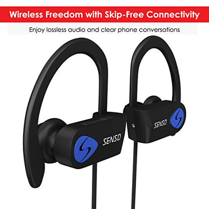 Senso Bluetooth Headphones, Best Wireless Sports Earphones w/Mic IPX7 Waterproof HD Stereo Sweatproof Earbuds for Gym Running Workout 8 Hour Battery Noise Cancelling Headsets (Black Blue)