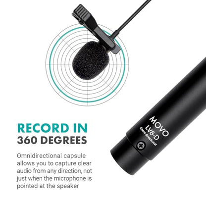 Movo LV8-D Broadcast-Quality XLR Lavalier Omni-Directional Wired Microphone with 12mm Mic Capsule for Accurate Voice Recording - Kit Includes Lapel Clip, Case and Windscreen