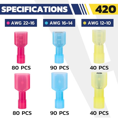 haisstronica 420 PCS Nylon Spade Connector, Male/Female, AWG 22-10 | Thick Crimp Barrels, Thick-Wall Nylon Sleeves, Auto and Trailer Repairs, Marine Wiring, Quick-Disconnect Wire Crimp Terminals - size: 420 PCS