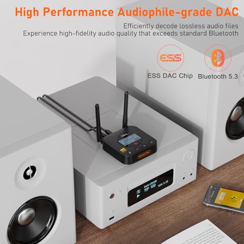 1Mii B06Pro+ Hi-Fi Bluetooth 5.3 Audio Receiver, LDAC Hi-Res Wireless Audio Adapter for Home Stereo w/aptX HD Low Latency, LCD Display, Long Range, Volume Control, 3.5mm AUX Optical Coaxial - color: B06Pro+ Black