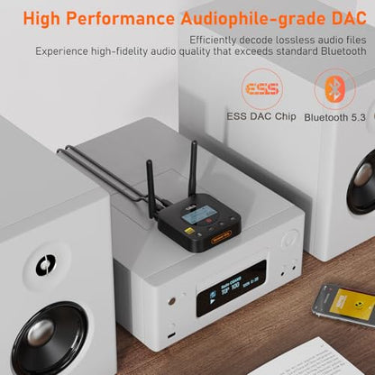 1Mii B06Pro+ Hi-Fi Bluetooth 5.3 Audio Receiver, LDAC Hi-Res Wireless Audio Adapter for Home Stereo w/aptX HD Low Latency, LCD Display, Long Range, Volume Control, 3.5mm AUX Optical Coaxial - color: B06Pro+ Black