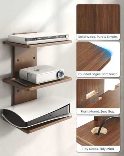 Floating TV Projector Shelf Wall Mount - 3 Tier Wooden Shelf, Walnut Brown | Home Decor, Cable Management, DVD Player, Router, Game Console, Cable Box, Play Station, Holds Up to 22lbs per Shelf - size: 3-Tier Shelf