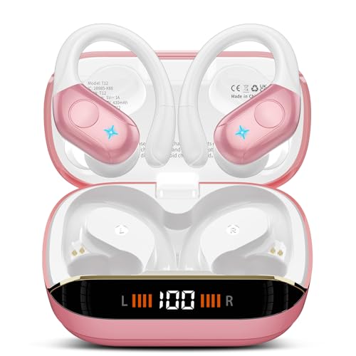 Qecnato Wireless Earbuds Bluetooth 5.4 Headphones Sports, 75H Stereo Deep Bass Over Ear Buds with Earhooks, Bluetooth Earbuds with 4 ENC Mic, LED Display, IP7 Waterproof Earphone for Running, Pink