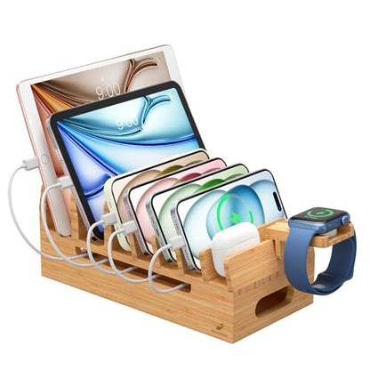 Pezin & Hulin Bamboo Charging Station for Multiple Device Phone Watch Stand | 100% natural bamboo, heavy stable base, non-slip pads, hidden cable compartment, 7 slots, 5 cables included. No USB HUB
